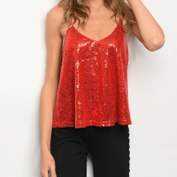 CASEY Sparkling Red Plunging Neck Sequin Swing Top Gold Chain Straps Small NWT - Picture 5 of 5